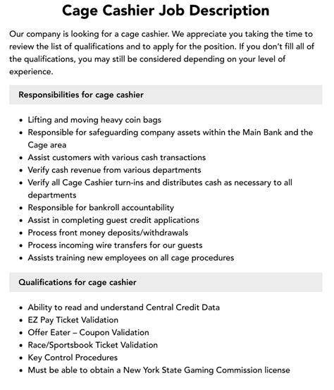 casino cashier job description|casino cage cashier hiring.